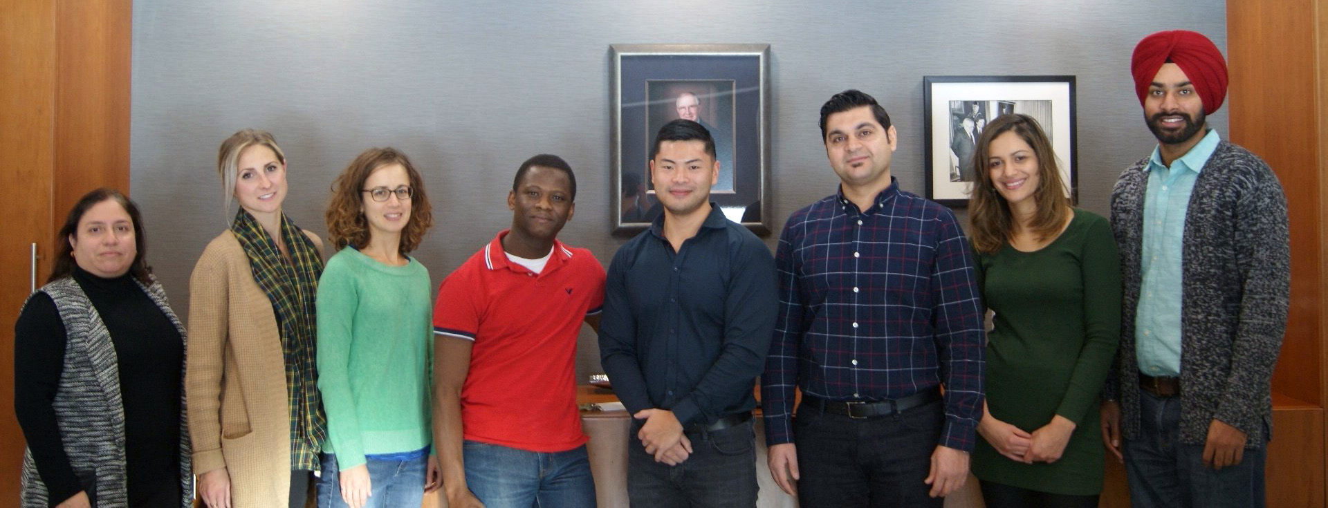 From left to right: Adriana Angarita Fonseca, Dr. Amanda Froehlich Chow, Robyn Reist, Dr. Oluwafemi Oluwole, Dr. Marcus Yung, Dr. Behzad Bashiri, Dr. Amanda Florentina Do Nascimento and Upkardeep Pandher. (Absent from the photo: Ulfat Ara Khanam and Maurice M’bang’ombe)